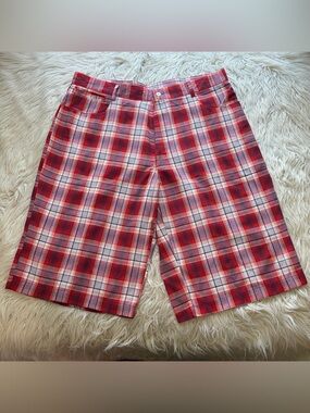 Y2K Beyond the Limit Red Orange Plaid Bermuda Shorts Size 40 Skate Hip Hop